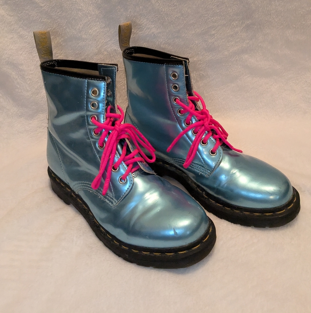 Dr. Martens Blue Lace Up Boots with Pink Laces